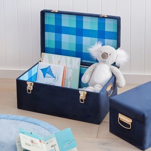 Navy Blue Velvet <b>Trunk</b> Set Of 2 Features Gleaming Gold Hardware And Side Handles For Luxurious, Elegant Home <b>Storage</b> Decoration - Product Image 6