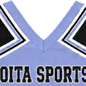 Ensemble d'uniforme de cheerleading bleu périvinkle, noir et blanc, avec crop top sans manches à col en V et jupe plissée, pour la danse et les spectacles - Product Image 3