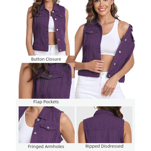 Women's Purple Denim Vest Solid Color Turn-down Collar Button Closure Casual Outer Wear Women's Denim Vest For Sale - Product Image 3