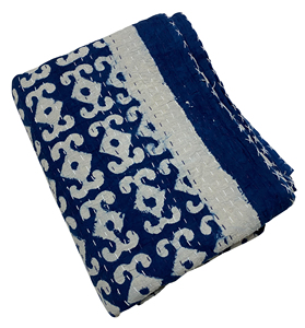 Classic Blue White Geometric Cotton Kantha <b>Quilt</b> Folded All Season Home Decor <b>Bedspread</b> Stitched Design - Product Image 1