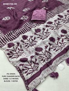 Premium Quality Pure Chanderi Cotton with Hand-Block Battik Print Saree-<b>Spray</b> with Block Print Blouse <b>Set</b> Indian Exporter - Product Image 6