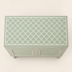 Mueble de Diseño con Incrustaciones de Hueso en Verde Salvia, Armario Decorativo de Lujo Hecho a Mano, Mueble de Almacenamiento Decorativo para Interiores del Hogar - Product Image 2