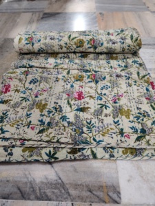 Handmade Kantha Quilt Reversible Cotton Blanket Floral Pattern Cream Multi Color <b>Bedspread</b> Home Decor Gift - Product Image 2