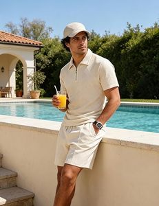 Men Summer <b>Knitted</b> Embroidered 100% Cotton Quick Dry Short Sleeve Custom Logo Joggers Suits <b>Set</b> Shirt and Short <b>Set</b> - Product Image 4