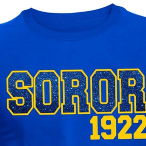 T-shirt personnalisé bleu roi pour sororité, lettres grecques scintillantes EST 1922, t-shirt à manches courtes et col rond, mode décontractée pour femmes - Product Image 2