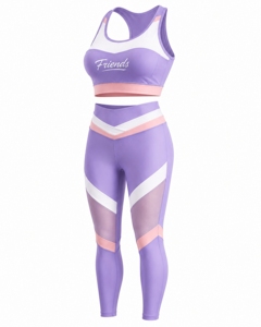 Conjunto de Yoga Color Morado con Bloques de Color, Top Corto y Leggings de Cintura Alta, Ribete en Contraste, Secado Rápido, Spandex y Poliéster, 2 Piezas - Product Image 4