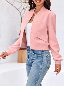 Chaqueta Bomber Rosa de Forro Polar para Mujer, Casual, Cuello Alto, Manga Larga, Cierre de Botones, Bolsillos con Parches, Color Sólido, Ropa de Abrigo para Otoño - Product Image 5