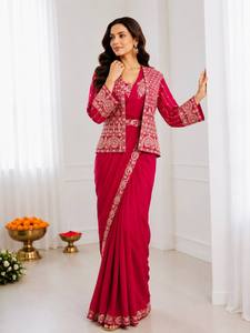 <b>Red</b> Embroidered Indian Pakistani Salwar Kameez Set Heavy Crep Silk Floor-Length Long Sleeve Jacket Pleated Skirt Formal Diwali - Product Image 2