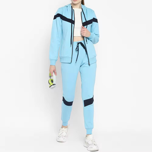 Conjunto Deportivo de Mujer con Capucha Azul Claro y Bloques de Color Negro, Sudadera con Cremallera de Manga Larga, Pantalones Deportivos Casuales Transpirables de Poliéster - Product Image 3