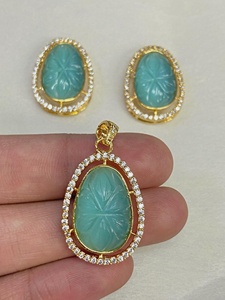 Conjunto de Colgante de Piedra Tallada Azul, Chapado en Oro de 22K, Joyería Nupcial India, Collar para Recepción de Boda, Regalo para Mujer - Product Image 2