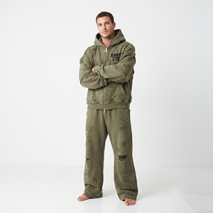 Conjunto Deportivo de Felpa de Algodón para Hombre, Sudadera con Capucha y Cremallera Completa, Hombros Caídos, Corte Holgado, Logotipo Personalizado, Color Verde Oliva Sólido - Product Image 5