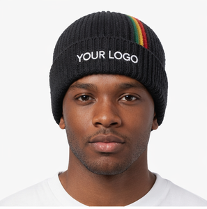Nouveau bonnet en tricot côtelé jacquard noir à rayures arc-en-ciel avec logo personnalisé, style Rasta Reggae, pour l'hiver - Product Image 1