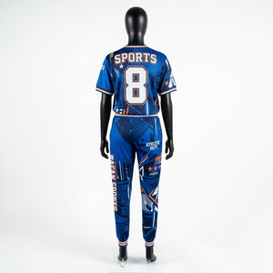 ชุดกางเกงเจอร์ซีย์ตาข่ายโพลีเอสเตอร์พรีเมียม 180 GSM สีน้ำเงิน พิมพ์ลายกราฟิก แต่งแถบยางตัดกัน พร้อมโลโก้สั่งทำ สำหรับผู้หญิง - Product Image 5