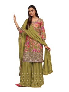 Conjunto de Salwar Kameez con Bordado Floral y Dupatta, Corte Regular, Traje Tradicional Indio para Bodas, Vestido de Chinon Pesado para Mujer - Product Image 5