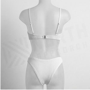 <b>White</b> Knitted <b>Bikini</b> <b>Set</b> Bandeau Top With Ribbed Texture Hipster Bottoms Women's Swimwear Two Piece Stretch Fabric - Product Image 2