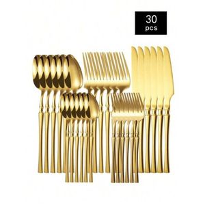Juego de cubiertos de acero inoxidable chapado en oro de 30 piezas de primera calidad, con acabado espejo, para banquetes de boda, cenas en casa. - Product Image 1
