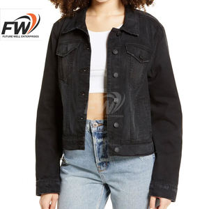 Chaqueta vaquera OEM al por mayor, azul lavado, desgastada, corta, de manga larga para mujer - Product Image 1