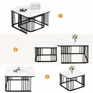Ensemble de tables basses gigognes modernes avec plateau en contreplaqué à motif marbre et structure en métal noir pour salon et mobilier de maison - Product Image 2