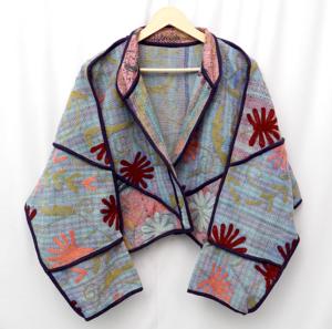 Elegant Floral Printed Knitted Cotton Blend <b>Kantha</b> <b>Jacket</b> with Mandarin Collar and Batwing Sleeves Autumn Eco-Friendly - Product Image 2