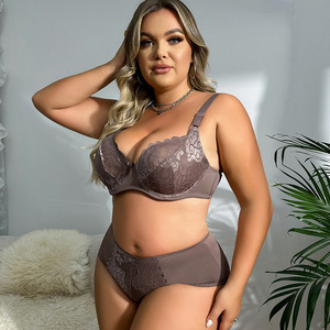 Ensemble soutien-gorge et culotte en dentelle grande taille pour femme, sans couture, tricoté, bonnet 3/4, lingerie coordonnée deux pièces, dos en U - Product Image 3