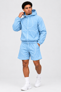 Conjunto de cortavientos ligero con capucha y cremallera completa para hombre, con pantalones cortos a juego, ropa deportiva para exteriores - Product Image 5
