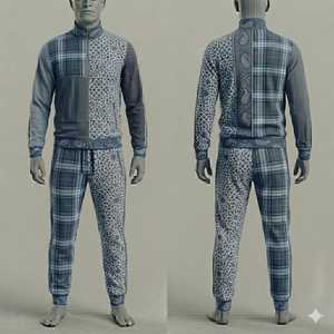 Conjunto Deportivo para Hombre, Azul a Cuadros Geométricos, Chaqueta con Cierre Completo y Pantalones Jogger, Ropa Casual de Otoño, Corte Regular, 2 Piezas, Poliéster Estampado - Product Image 1