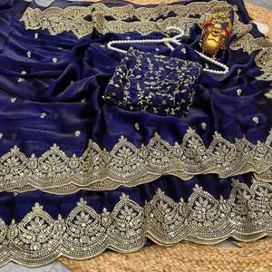 Sari de Seda Chiffon de Diseño Exclusivo con Blusa Elegante, Moderno y Estilizado, Última Moda India, para Fiestas, Casual, para Mujer - Product Image 3