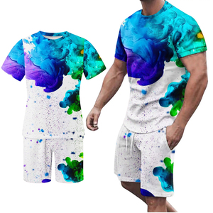 Men's Casual Short Sleeve T-<b>Shirt</b> And Shorts Set Digital Printed Colorful Ink Pattern Breathable <b>Polyester</b> Summer Wear - Product Image 6
