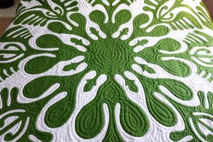 Green Ulu Breadfruit Hawaiian Quilt Hand Appliqued Cotton Bedspread Custom Heirloom Bedding For <b>Queen</b> & California King Bedrooms - Product Image 6