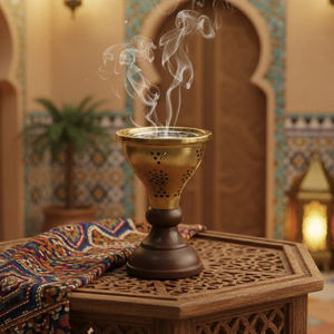 Elegant Gold Metal Incense Burner With Dark Wooden Base Traditional Bakhoor Burner For Luxury Home Fragrance And Decor - Product Image 4