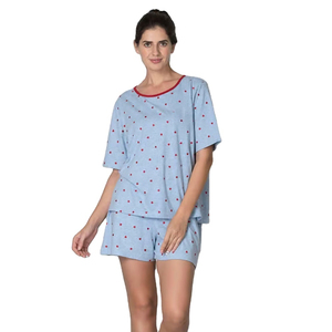 Ensemble 2 pièces décontracté pour femme, motif pois bleu clair, manches courtes, col rond, tricoté, respirant, coupe ample, printemps-été - Product Image 5