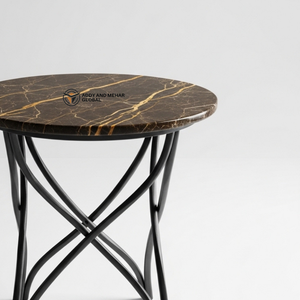 Taburete de Lujo con Tapa Redonda de Mármol Oscuro y Patas Curvas de Metal Negro, Mesa Auxiliar Decorativa Moderna para Hotel y Hogar - Product Image 2