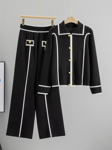 Ensemble décontracté deux pièces pour femme Automne Hiver 2026 Nouveau modèle respirant en tricot Spandex à motif uni avec col à revers et pantalon large - Product Image 5