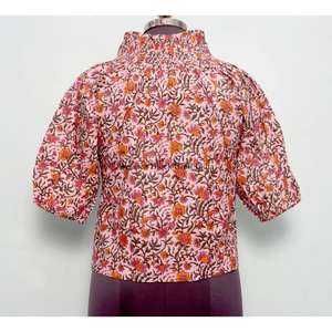 เสื้อสไตล์อินเดียวินเทจสำหรับฤดูร้อน ผ้าฝ้าย 100% พิมพ์ลายดอกไม้ดิจิทัล คอกลม แขนพอง เป็นมิตรกับสิ่งแวดล้อม ระบายอากาศได้ดี เสื้อครอปสำหรับผู้หญิง - Product Image 6