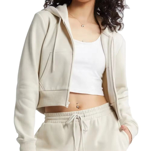 Women's Cream <b>Cropped</b> Hoodie <b>Zip</b>-<b>Up</b> Sweatshirt Full Sleeve Solid Color Knitted Cotton Autumn Wear Casual Style - Product Image 1