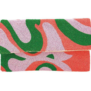 Handmade Beaded <b>Clutch</b> Rectangular Shape Pink <b>Green</b> Orange Abstract Pattern Cotton Embroidery Craft Art Collectible - Product Image 1