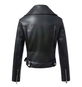 Women's Black PU Leather Woven Outdoor Moto Jacket Full Sleeve <b>Zipper</b> Closure Turn-down Collar Autumn Style - Product Image 3