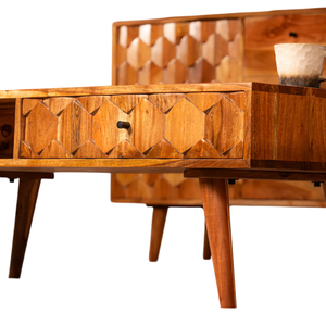 Table basse rectangulaire en bois d'acacia massif avec tiroir de rangement à motif hexagonal, finition brun foncé, pour salon et maison - Product Image 3