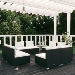 Grand ensemble de salon de jardin en noir avec coussins en rotin PE crème - Product Image 1