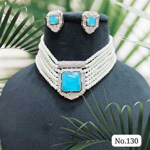 Elegant Geometric Ethnic Zircon <b>Statement</b> <b>Necklace</b> Set with Imitation Pearl Beads Gold Plated Clasp for Women Party No.130 - Product Image 1