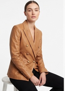 Blazer en cuir croisé pour femme, coupe ajustée, couleur camel, sur mesure, pour le bureau, fournisseur en gros - Product Image 4