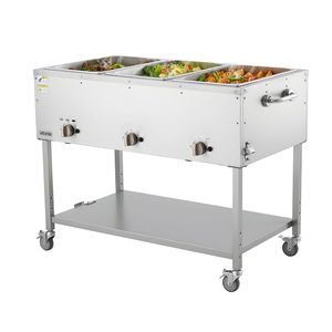 Commercial Propane Steam <b>Table</b> <b>with</b> 3-Pan LP Gas Outdoor Soup Warmer 3\" <b>Wheels</b> Stainless Steel Food Warming & Holding Equipment - Product Image 1