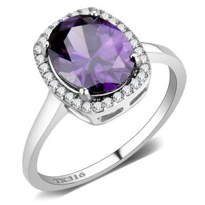 Anello DA385 in Acciaio Inossidabile Lucidato con Zirconi di Grado AAA e Ametista, Anelli Raffinati - Product Image 1