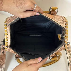 Multifunctional Large Capacity Floral Hand Tooled Leather Duffel Bag Genuine Cowhide Leather Travel Mini Speedy Bag for Women's - Product Image 6