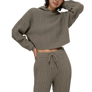 Custom Cable <b>Knit</b> Winter Bliss Hoodie & Pant <b>Set</b> Women Cozy Winter Loungewear OEM Private Label Knitwear Supplier - Product Image 2