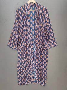<b>Navy</b> Blue Floral Cotton Kimono Robe with Belt | Women’s Lounge Robe | Handmade Bathrobe - Product Image 3