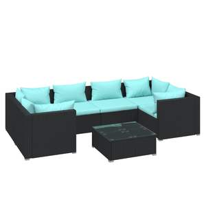 Set da salotto in 7 pezzi in Poly Rattan nero con cuscini per il tempo libero in giardino - Product Image 2