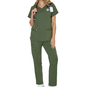 Blouse de travail unisexe en coton et polyester tricoté à col en V avec poches zippées pour hôpital - Product Image 2