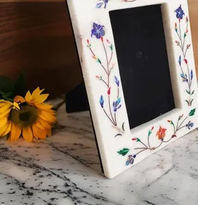 Handcrafted <b>White</b> Marble Photo <b>Frame</b> Delicate Floral Inlay Lightweight Stone Era Fashionable for Tabletop Home/Office/Hotel - Product Image 5