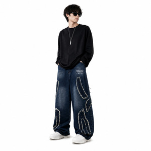 Jeans de Mezclilla Rectos para Hombre, con Logotipo Personalizado, Ecológicos, 100% Algodón, Cintura Media, Borde Crudo, Color Azul Oscuro Lavado - Product Image 3